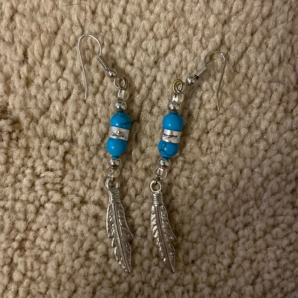 Turquoise Bead Feather Earrings